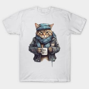 Cat wearing a jackets holding a cup coffee T-Shirt